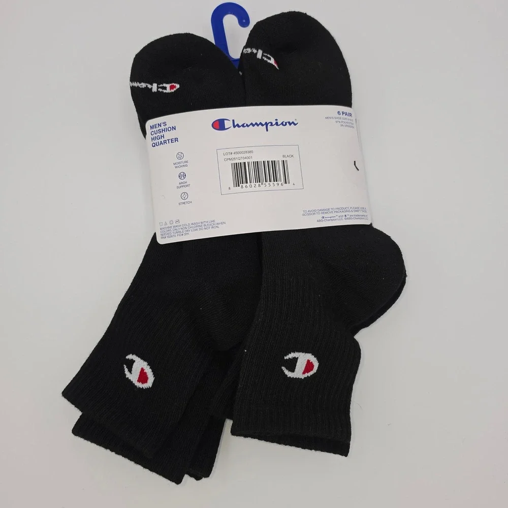 Champion 6 Pk Performance Cushion High Quarter Socks Black CPM251QT04001 6-12.5
